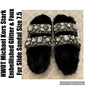 Michael Kors Stark Embellished Glitter & Faux Fur Slide Sandal Size 7.5